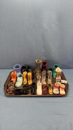 APPROX. 24 POTTERY GLASS & METAL SLIPPERS & BOOTS