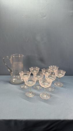 (9) ETCHED GLASS SHERBERTS & MATCHING 9IN PITCHER