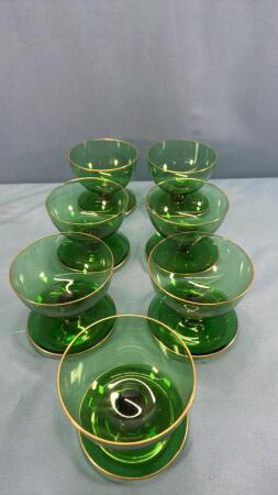 (7) GREEN GLASS SHERBERTS WITH GOLD TRIM