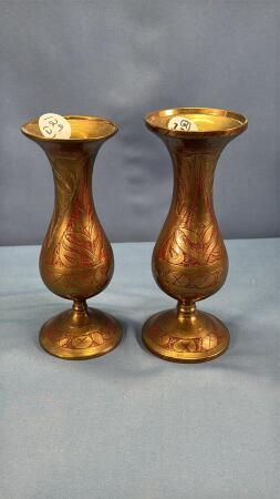 (2) BRASS 7IN TALL ORNATE VASES