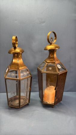 (2) BRASS & GLASS CARRIAGE STYLE CANDLE HOLDERS
