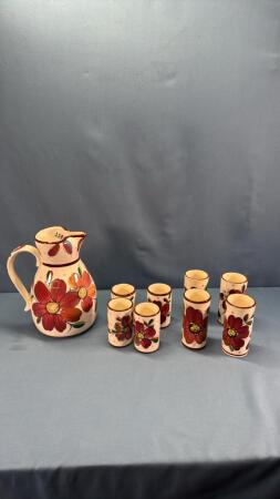CHINA PITCHER W/(2) SETS OF 4 MATCHING TUMBLERS