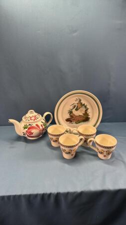 PORTMEIRION TEA POT & 4 MUGS