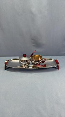 GLOW-HILL TRAY WITH CREAM AND SUGAR & FORK