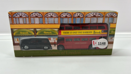 Harrods Black Taxi & Double Decker Bus Set