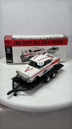 1957 CHEVY DRAG CAR W/PLASTIC TANDEM AXLE TRAILER