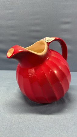 Red & White China Pitcher -7in High