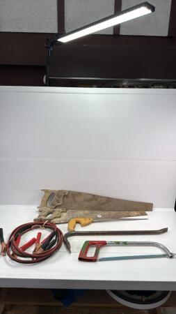 ASSORTED LOT OF HAND SAWS,CROW BAR, BATTERY CABLES