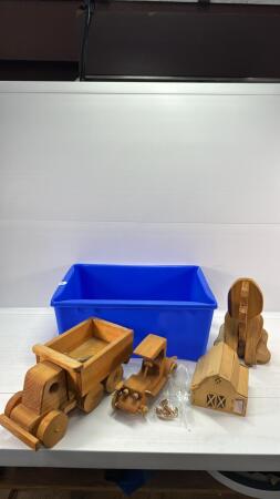 SMALL BLUE BOX WITH ASSORTED WOODEN TOYS