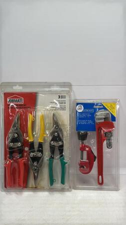 (3) PAIRS OF TIN SNIPS, PIPE CUTTER & PIPE WRENCH