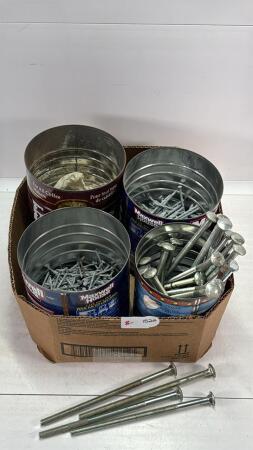BOX OF SPIKES, NAILS AND CARRIAGE BOLTS