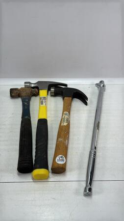 (2)CLAW HAMMERS,BALL PEAN HAMMER&18IN BREAKER BAR