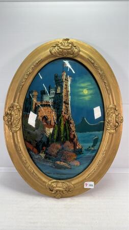 OVAL FRAMED REVERSE GLASS PAINTING OF CASTLE IN BELGIUM