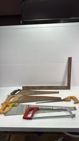 (5) HAND SAWS & (1) 24IN SQUARE