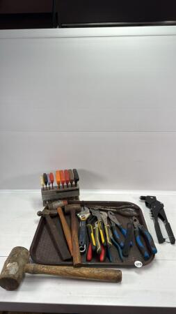 LOT OF HAMMERS, PLIERS, RIVETERS, ALLEN KEYS ETC