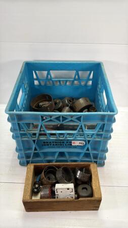 MILK CRATE WITH ASSORTED HOLE SAWS & ARBORS