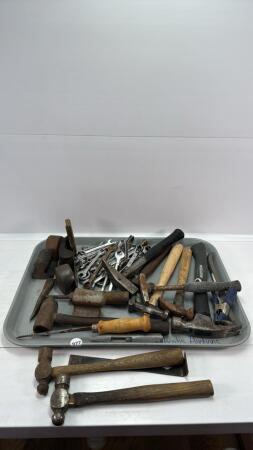 TRAY LOT OF AUTOBODY TOOLS, WRENCHES, HAMMERS ETC
