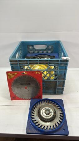 MILK CRATE W/13 NEW & USED SAW BLADES