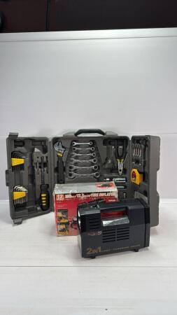 12V COMPRESSOR & HANDYMANS TOOLCASE WITH TOOLS