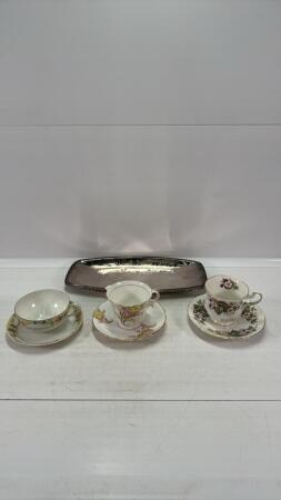 SILVER PLATED TRAY WITH (3) CUPS & SAUCERS