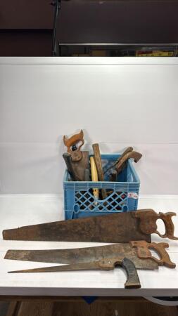 MILK CRATE WITH HAND SAWS, HAMMERS ETC