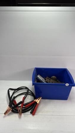 TOTE WITH BATTERY CABLES, EXAUST PARTS ETC