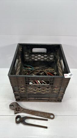 MILK CRATE W/PLIERS,ADJUSTABLE WRENCHES ETC
