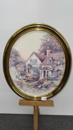 OVAL FRAMED FLORAL HOUSE PRINT