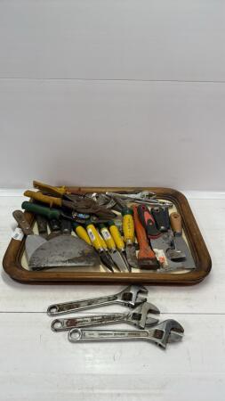 LOT OF SCRAPERS, TIN SNIPS, ADJUSTABLE WRENCHES