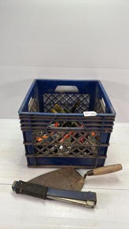 MILK CRATE WITH TIN SNIPS, KNIVES, ETC