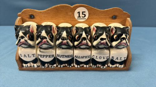 6 Piece Boston Terrier Spice Jars & Rack -See Notes