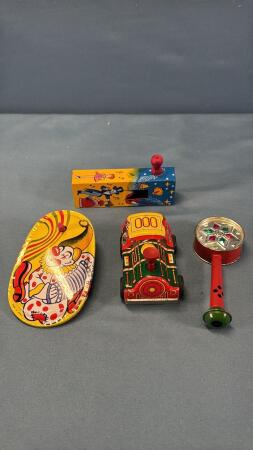 (4) VINTAGE TIN NOISE MAKERS