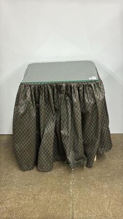 OLD WOODEN TABLE WITH SKIRT & GLASS TOP