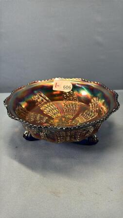 CARNIVAL GLASS RUFFLED EDGE FOOTED BOWL