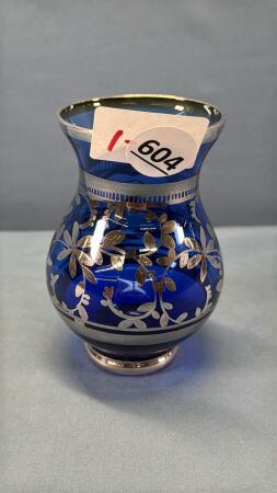 COBALT BLUE GLASS VASE WITH SILVER FLORAL OVERLAY