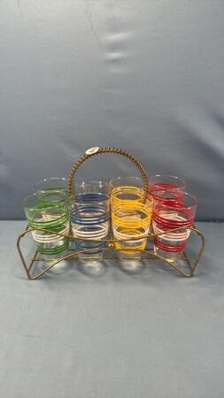 (8) PLACE DRINK HOLDER WITH (8) 5IN TALL TUMBLERS