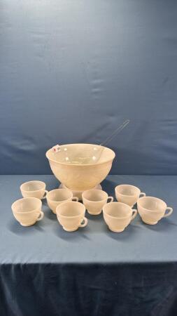 MILK GLASS PUNCH BOWL WITH 8 CUPS & PLASTIC LADLE