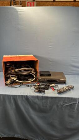 BOX OF TV COMPONETS, CORDS AND REMOTES
