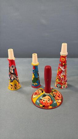 (4) VINTAGE TIN NOISE MAKERS