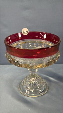 RUBY RED THUMBPRINT PEDESTAL FRUIT BOWL