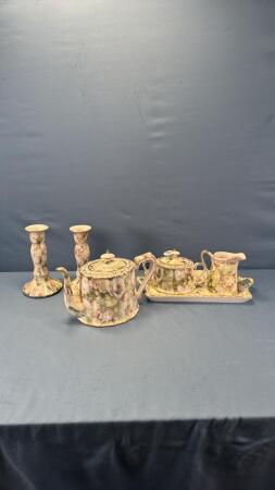 LIMOGES CANDLE STICKS & ANTIQUE ROSE TEA POT SET