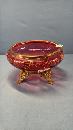CRANBERRY BOWL ON BRASS FRAME
