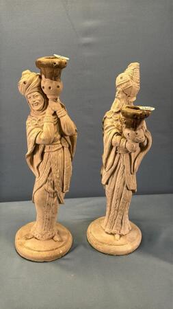 (2) MASONARY FIGURINE CANDLE HOLDERS