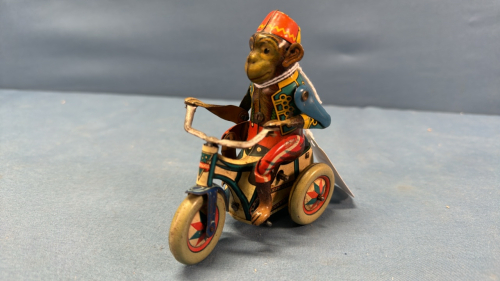 Wind-Up Tin Monkey on Tricycle -4in High -Works