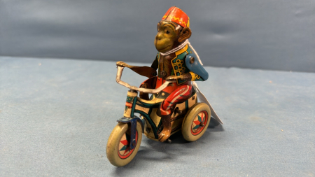 Wind-Up Tin Monkey on Tricycle -4in High -Works