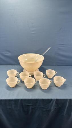 MILK GLASS PUNCH BOWL WITH 8 CUPS & PLASTIC LADEL