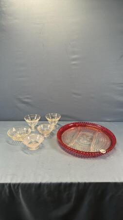 12IN RUBY RED RELISH PLATE W/ASSORTED GLASS BOWLS