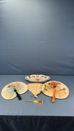 OVAL DISH W/3 LADIES FANS & 1 ENVELOPE OPENER