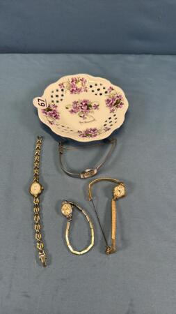 SAUCER WITH (4) WOMENS WATCHES