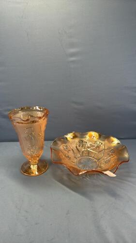 IRIS PATTERN CARNVIAL COLURED VASE & UNDERPLATE